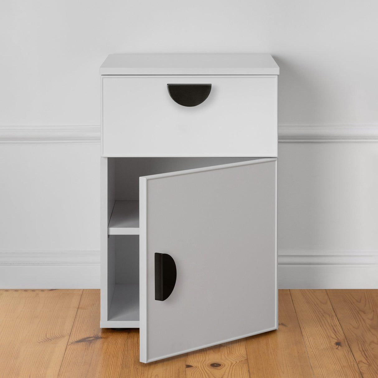 PORTO BEDSIDE TABLE - WHITE - SLIM - HALF MOON BLACK