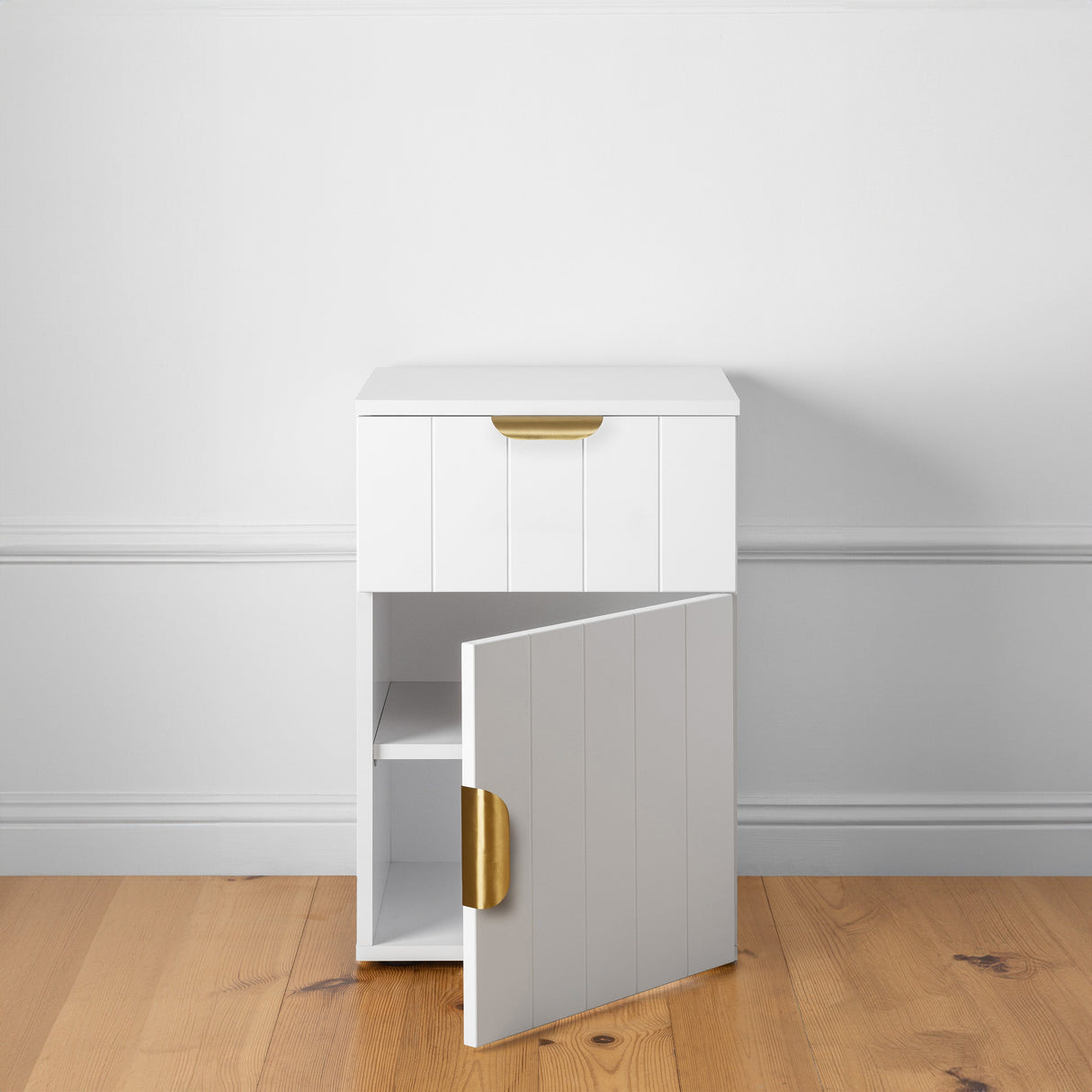 PORTO BEDSIDE TABLE - WHITE - VJ PANEL - PULL BRASS