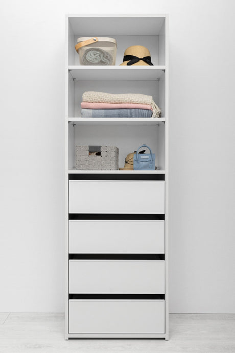 MALMO THREE SHELF/FOUR DRAWER WALK IN WARDROBE - SLIM SHAKER - WHITE