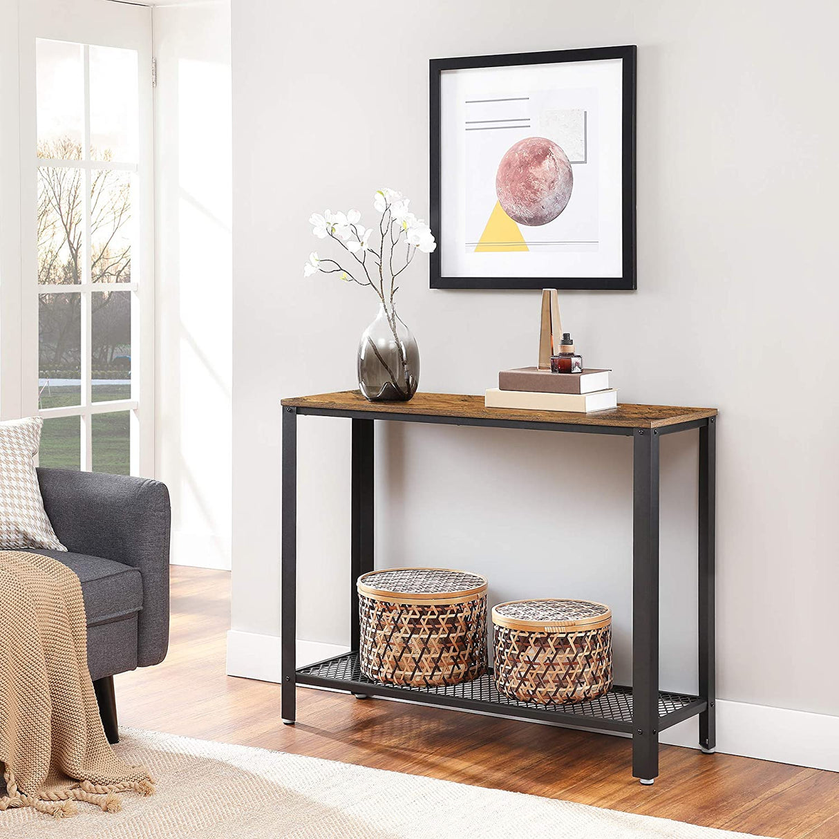 Console Table Metal Frame Rustic Brown