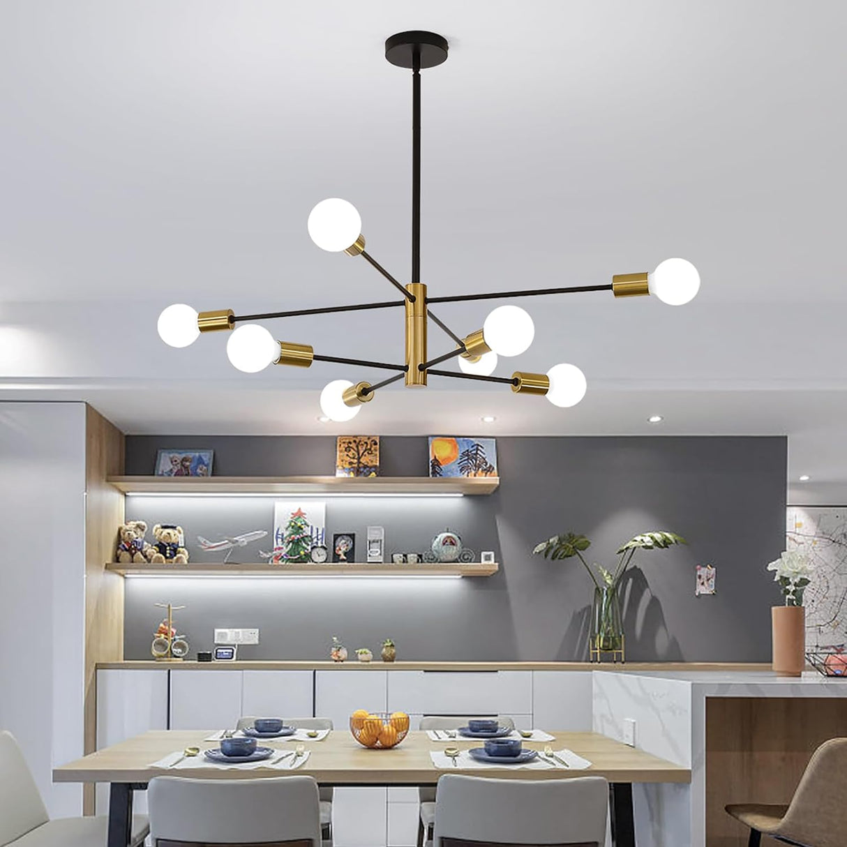 Sputnik Chandelier Modern Industrial, 8-Light , Black & Gold