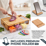 Large Bamboo Cutting Board and 4 Containers with Mobile Holder gift included for Home Kitchen
