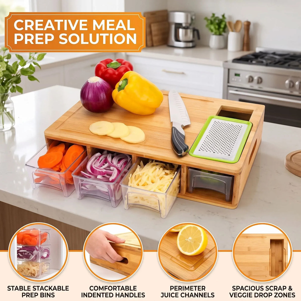 Large Bamboo Cutting Board and 4 Containers with Mobile Holder gift included for Home Kitchen
