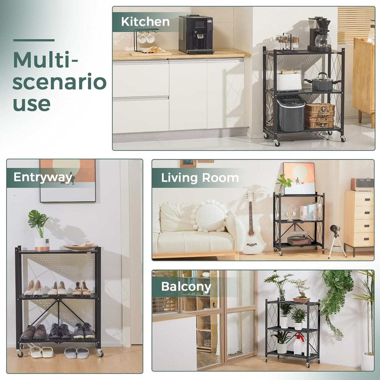 CARLA HOME 3-Tier Foldable Storage Shelf with Wheels for Kitchen, Garage, Pantry or Basement (Black)