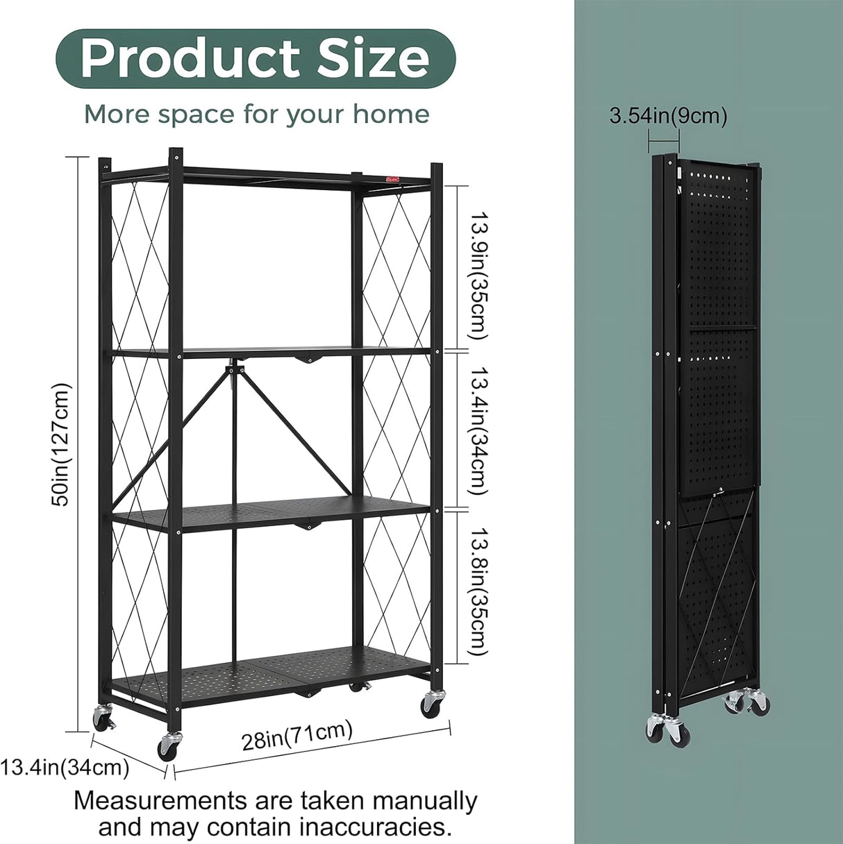 CARLA HOME 4-Tier Foldable Storage Shelf with Wheels for Kitchen, Garage, Pantry or Basement (Black)