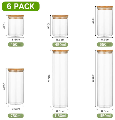 CARLA HOME 6 Pack Glass Storage Jars with Bamboo Lids for Kitchen Pantry, Pasta, Snacks, Cookies, Candy & More