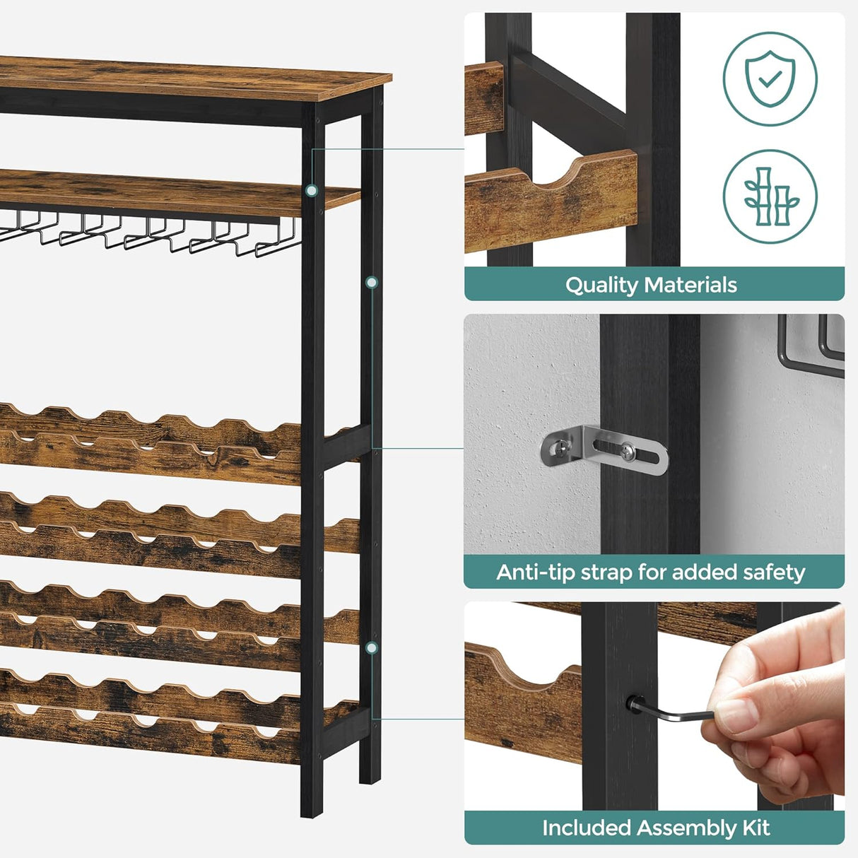 CARLA HOME Large Wine Rack with Glass Holder, Metal Designed Bottle Holder and Wood Countertop up to Wine & Champagne Bottles