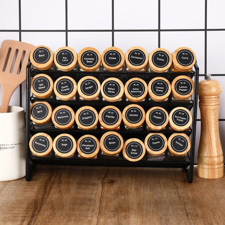 CARLA HOME 24 Glass Spice Jars with Bamboo Lids, Shaker Tops, 180 Spice Labels, White Pen & Funnel for Kitchen Organization, Spice Rack, Seasoning & Herb Storage
