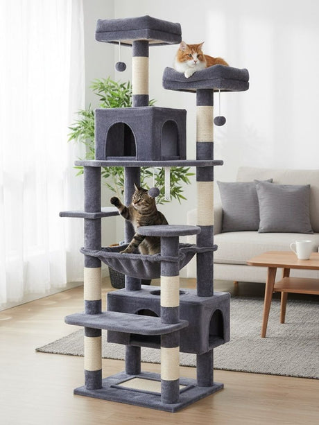 CARLA HOME 180cm Cat Tree Tower for Indoor Cats with Plush Perches, Dual Condos, Natural Sisal Scratching Posts & Ramps for Kittens & Adult Cats (Grey)