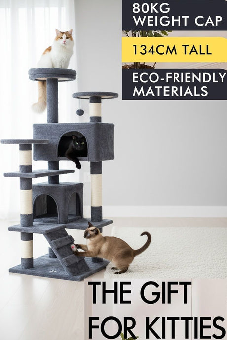 CARLA HOME 134cm Cat Tree Tower for Indoor Cats with Plush Perches, Dual Condos, Natural Sisal Scratching Posts & Ramp for Kittens & Adult Cats (Dark Grey)