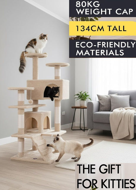 CARLA HOME 134cm Cat Tree Tower for Indoor Cats with Plush Perches, Dual Condos, Natural Sisal Scratching Posts & Ramp for Kittens & Adult Cats (Beige)