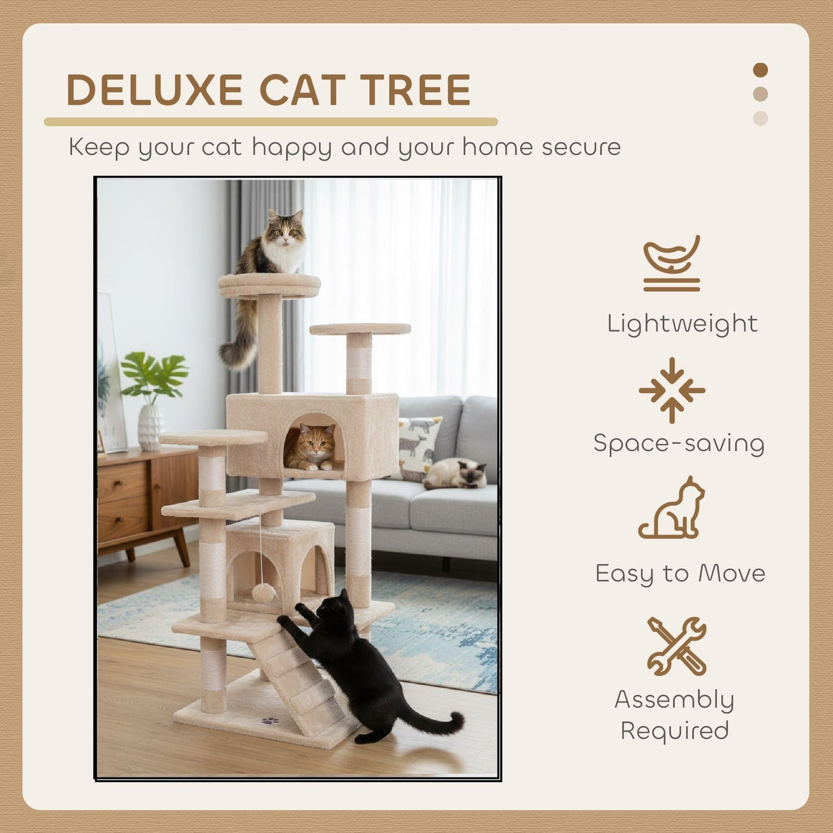 CARLA HOME 134cm Cat Tree Tower for Indoor Cats with Plush Perches, Dual Condos, Natural Sisal Scratching Posts & Ramp for Kittens & Adult Cats (Beige)
