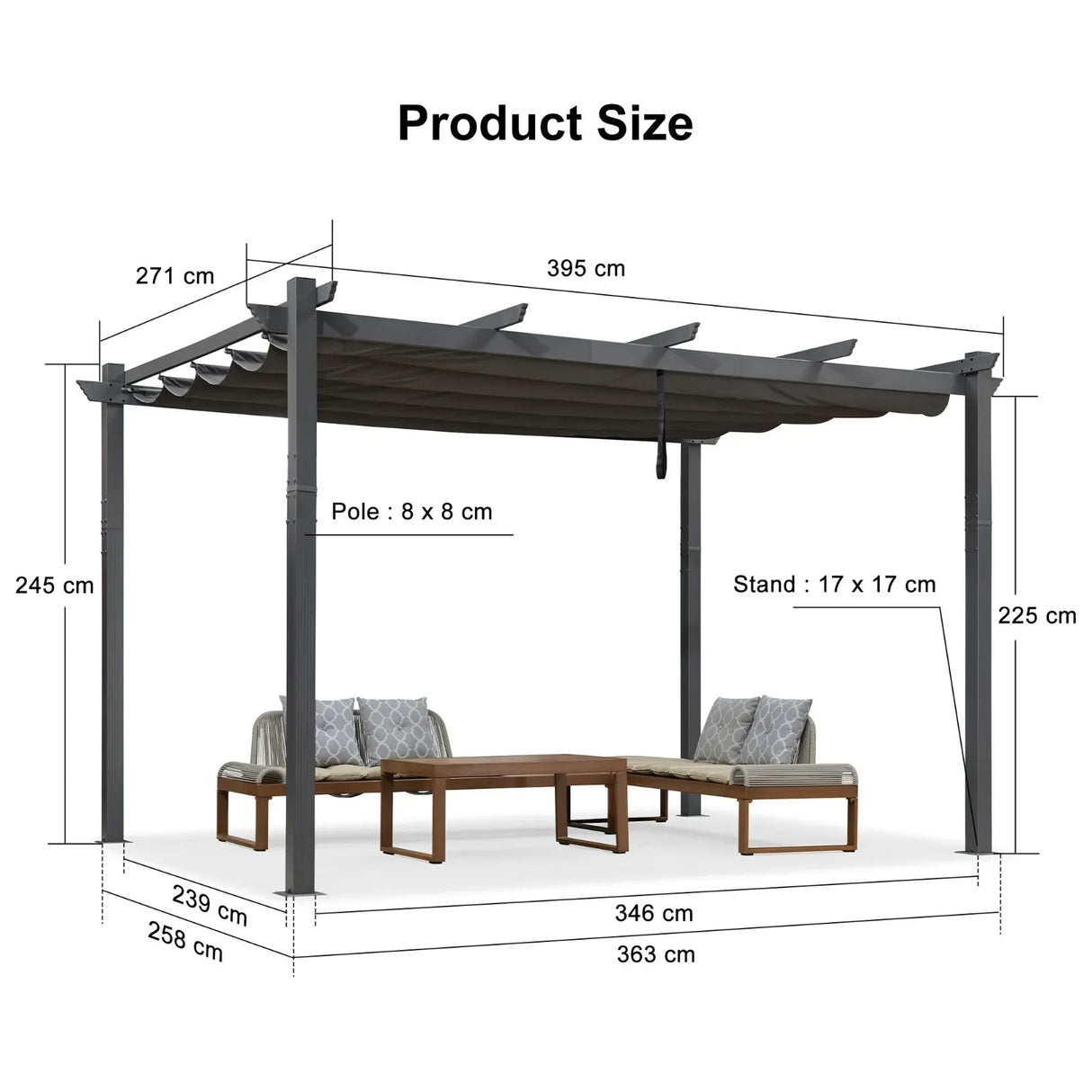 2.7 x 4 M Grey Outdoor Retractable Pergola for Patio