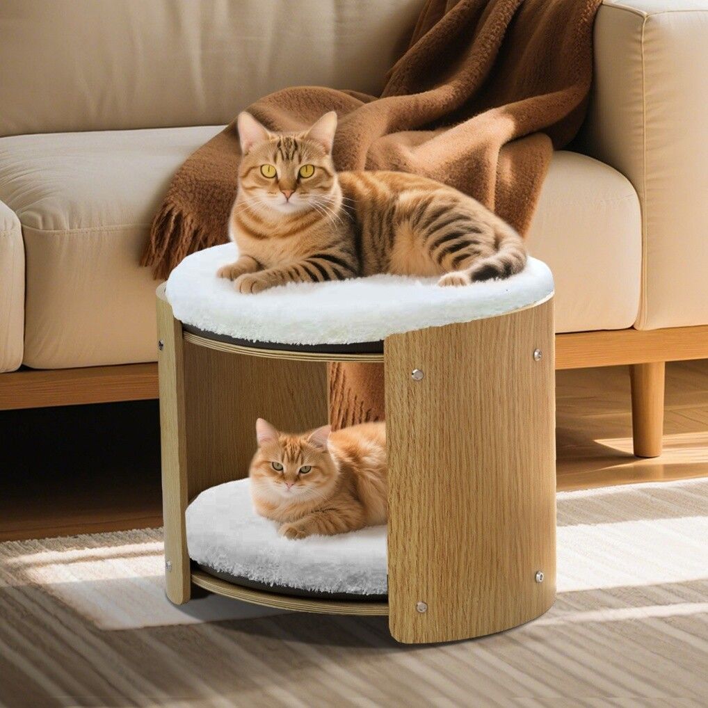 Elevated Double Cat Bed 2-Tier Wooden Plush Kitten Lounge