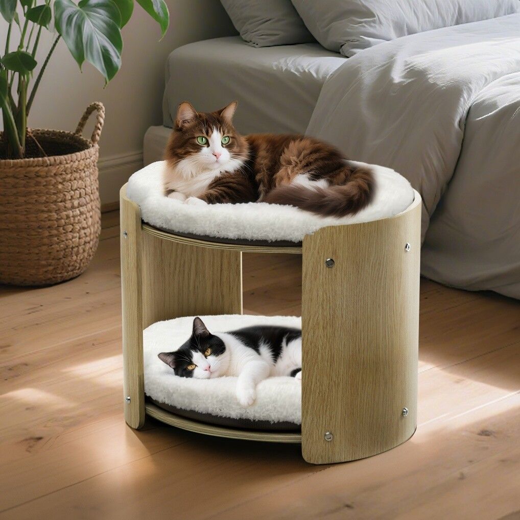 Elevated Double Cat Bed 2-Tier Wooden Plush Kitten Lounge