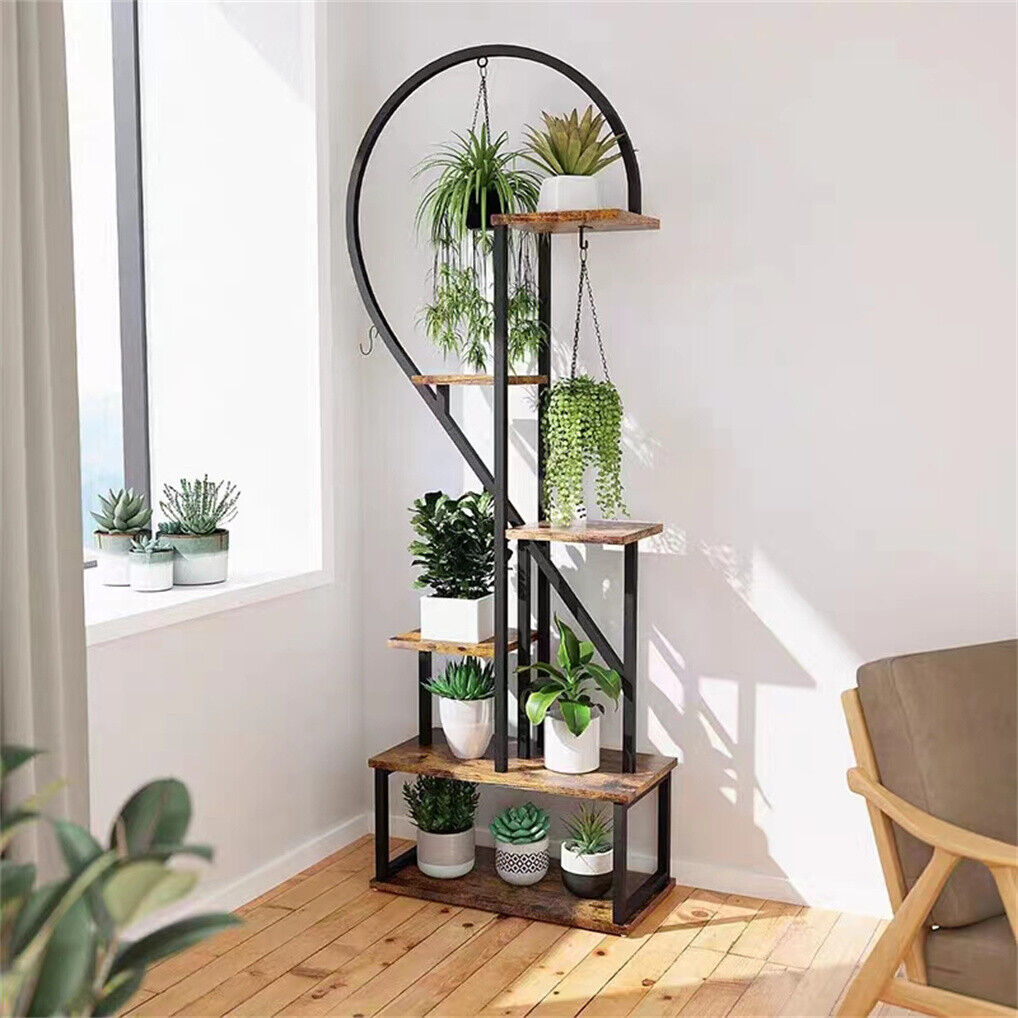 6 Tier Corner Plant Stand Metal & MDF Ladder Shelf Rack