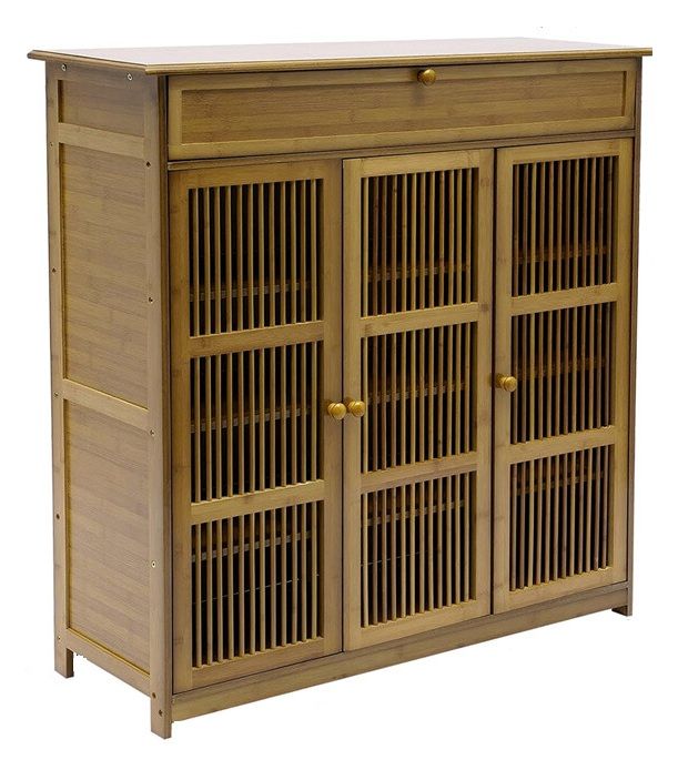 Wooden Shoe Rack XL 4 Tier 3 Doors Drawers Shelves Cabinet Organizer