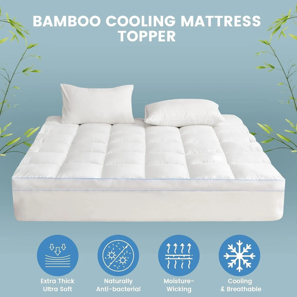 1500GSM Bamboo Mattress Topper Extra Thick 10CM Bed Topper Queen: 152 x 203 + 40 cm