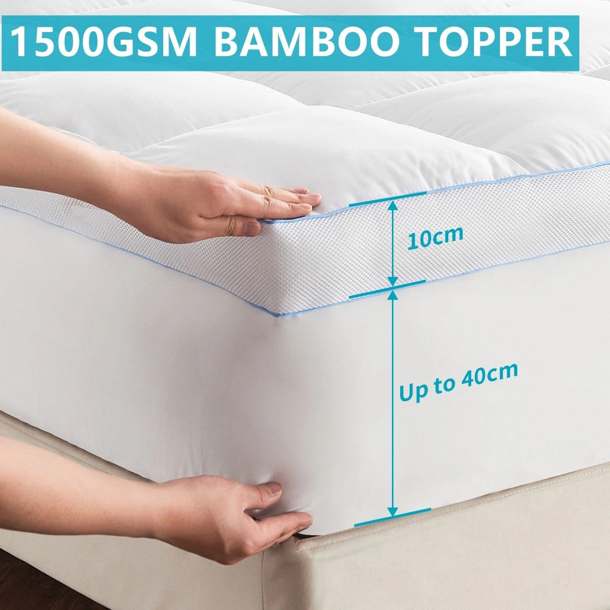 1500GSM Bamboo Mattress Topper Extra Thick 10CM Bed Topper King: 180 x 203 + 40 cm