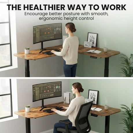 FORTIA Corner Standing Desk, 160x140cm, 72-118cm Sit to Stand Up Electric Height Adjustable, Walnut Style Desktop/Black Frame