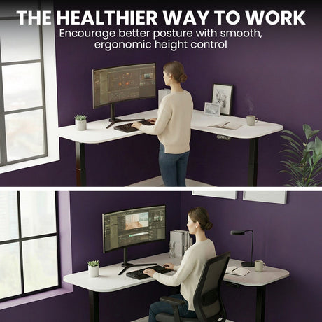FORTIA Corner Standing Desk, 160x140cm, 72-118cm Sit to Stand Up Electric Height Adjustable, White Desktop/Black Frame