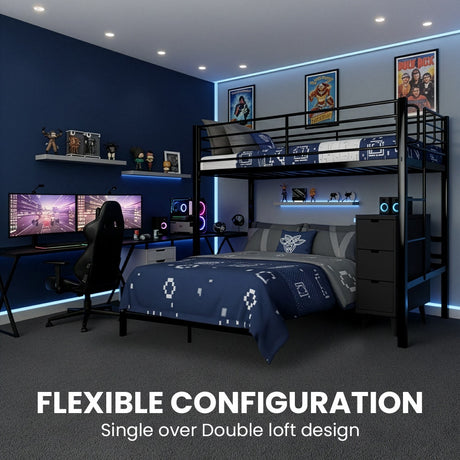 KINGSTON SLUMBER Metal Single Loft Bed And Double Underbed Frame, Multifunctional, Space Saving with Fixed Ladder, Matte Dark Grey