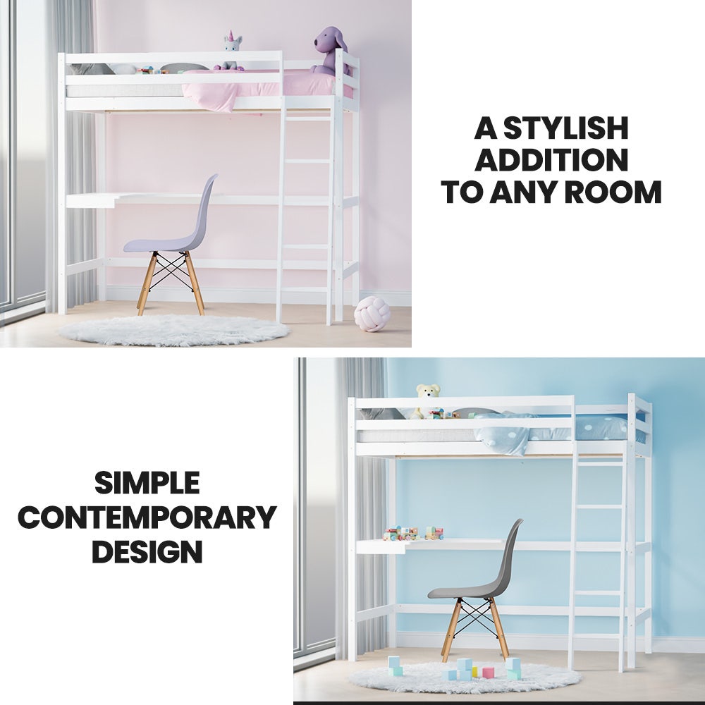 KINGSTON SLUMBER Wooden Kids Single Loft Bed Frame with Desk - White