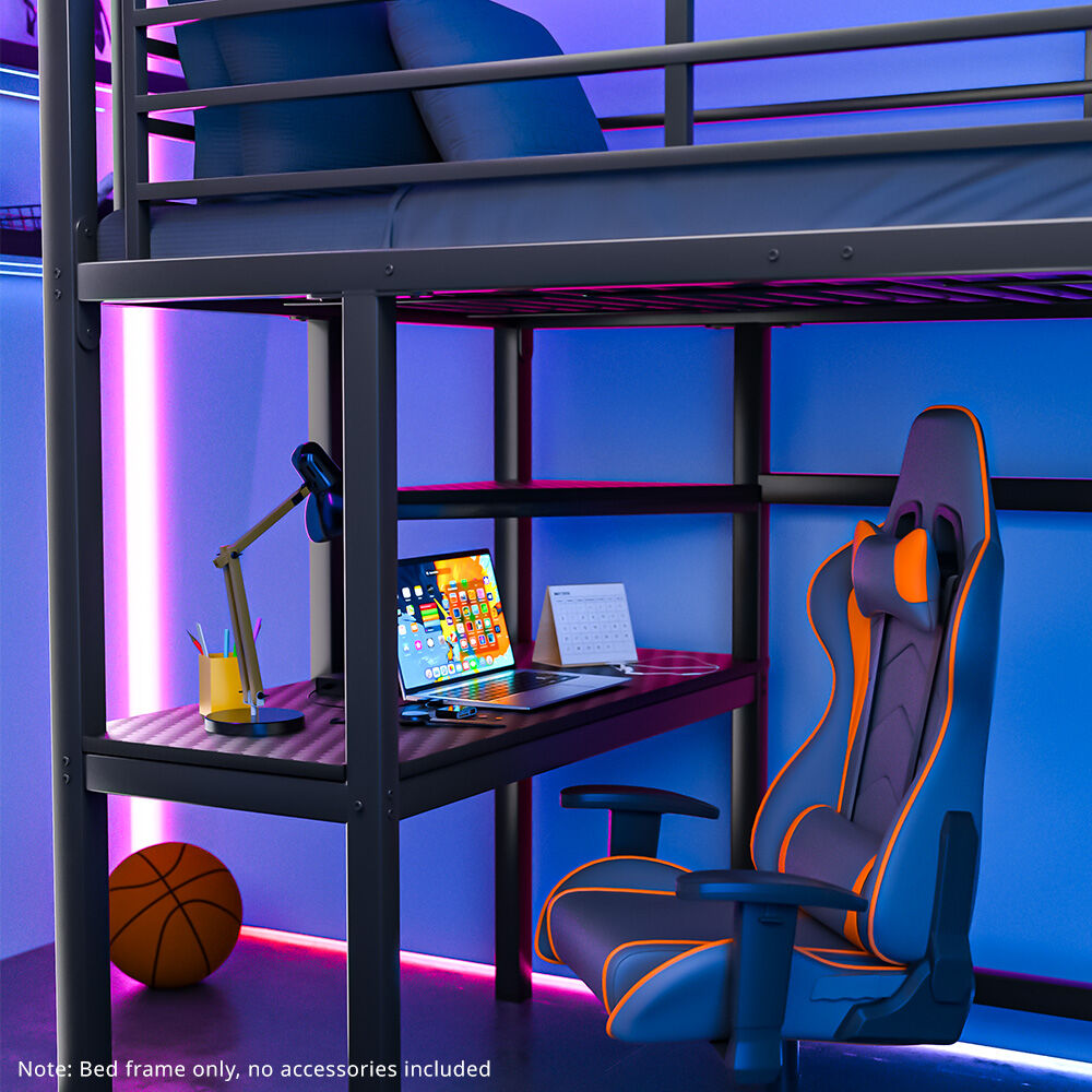 Gaming Loft Bed with Desk, Steel Metal Frame, Space Saving Design, for Single Mattress, Matte Dark Grey