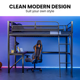 Gaming Loft Bed with Desk, Gridwall, Steel Metal Frame, Space Saving Design, for Single Mattress, Matte Dark Grey