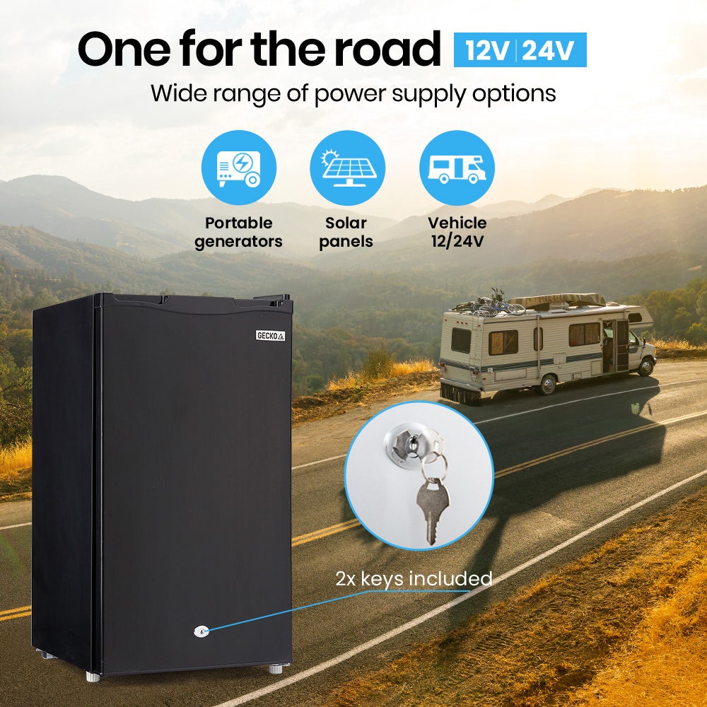 GECKO 95L Portable Upright Fridge and Freezer, 12V/24V for Camping, Caravans, Black