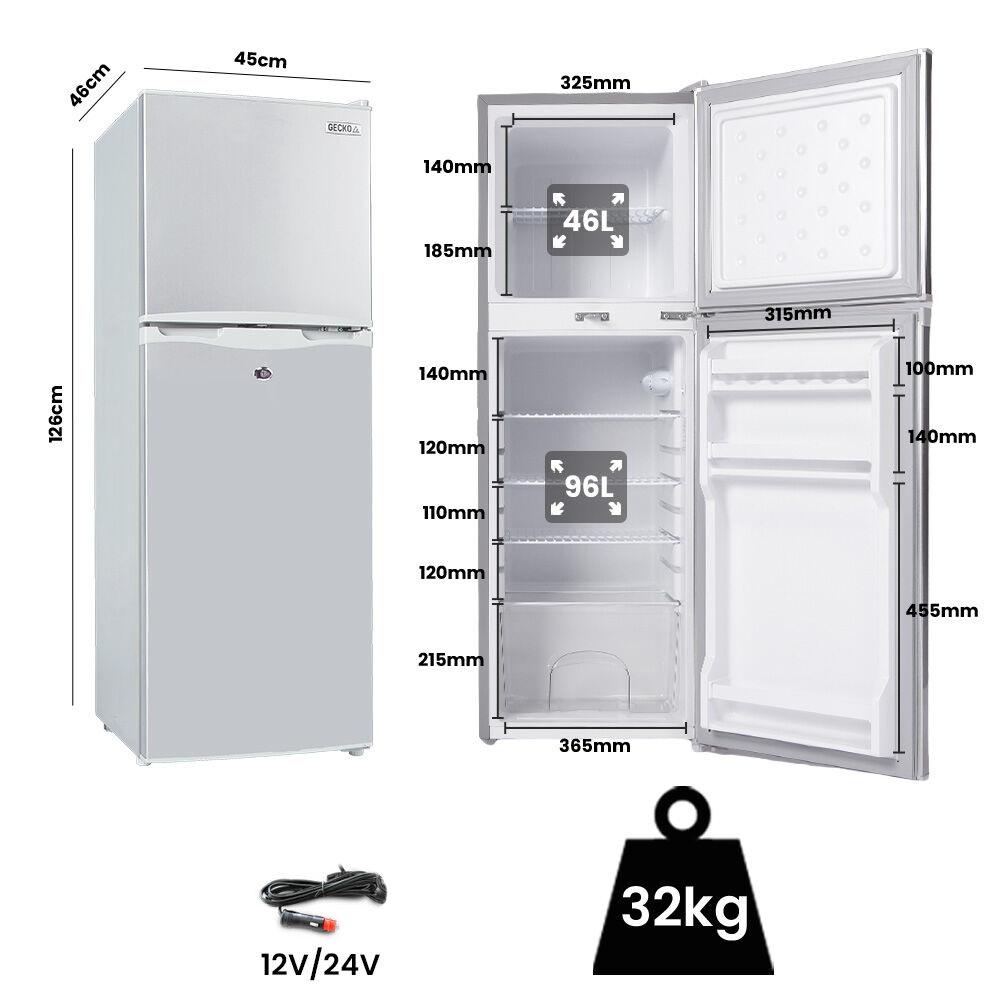 GECKO 142L Upright Portable Fridge / Freezer, 12V/24V for Motorhome and Caravan, Silver