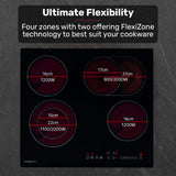 EuroChef 60cm 4 Zone Ceramic Cooktop, 6600W Electric, FlexiZone Adjustable Size Hobs, Touch Controls