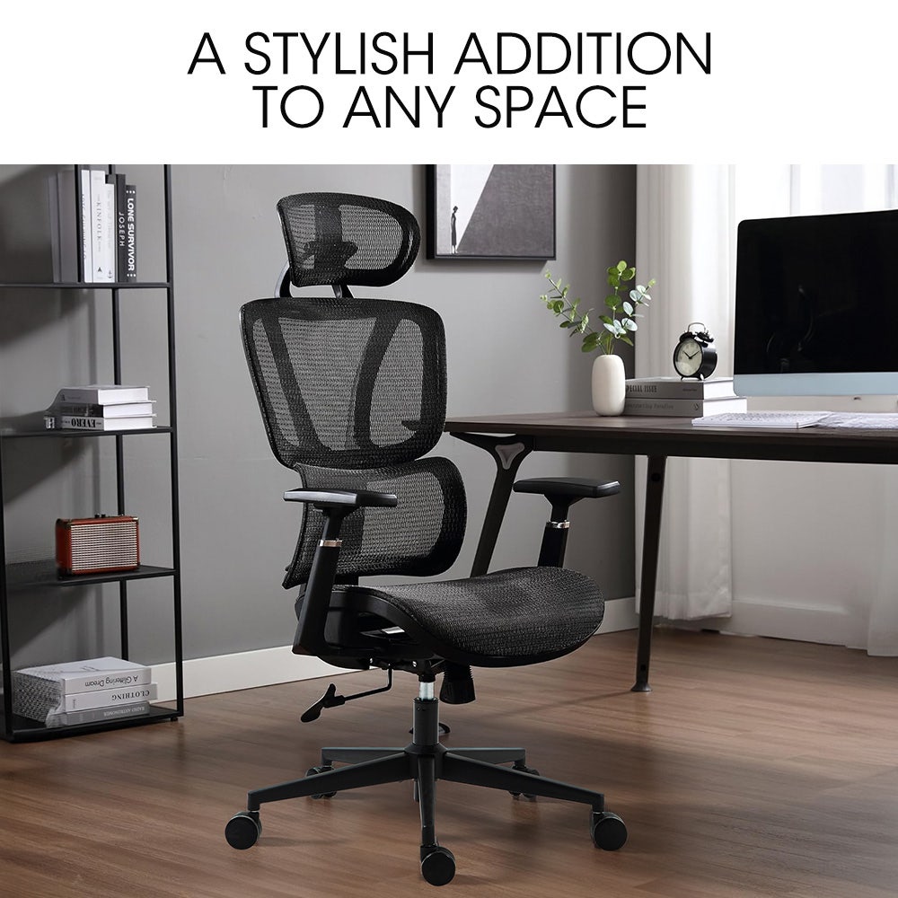 Fortia Ergonomic Office Desk Chair, Coolmesh Fabric, Adjustable Lumbar Support, Headrest, Armrest and Recline, Black Mesh/Black Frame