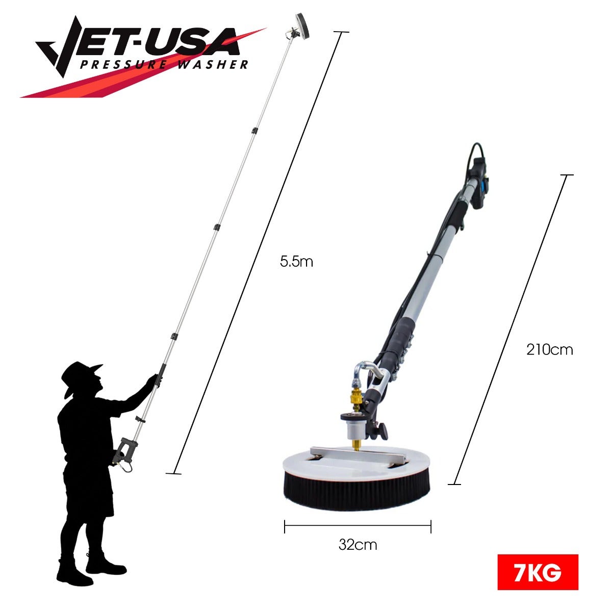 JET-USA 5.5m Telescopic Rotary Surface Cleaner Brush, for Solar Panels, Walls, Windows, M22 Pressure Washer Connection