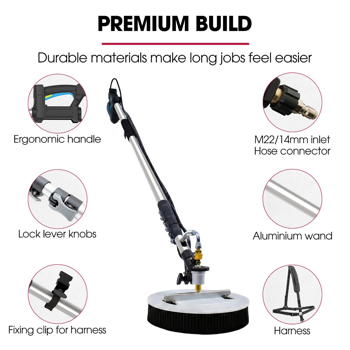 JET-USA 5.5m Telescopic Rotary Surface Cleaner Brush, for Solar Panels, Walls, Windows, M22 Pressure Washer Connection