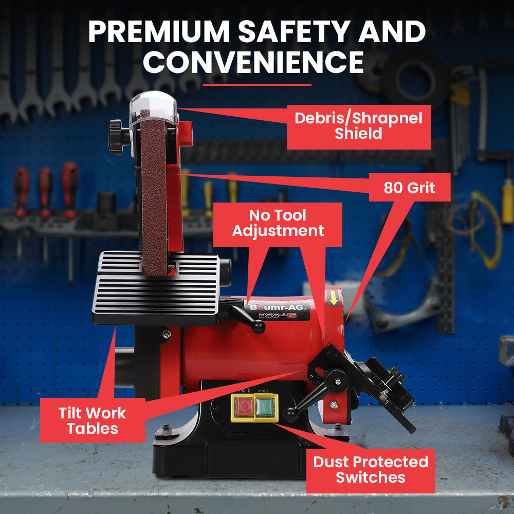 BAUMR-AG Bench Vertical Belt and Disc Sander Combo, 25mm Linisher, 125mm Sanding Disc, Brushless Motor, Dust Collection Ports