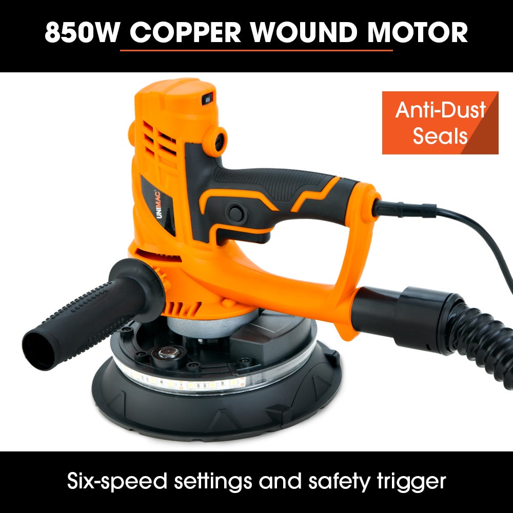 UNIMAC 180mm 850W Handheld Drywall Sander, Electric Dry Wall Sanding Machine, with Automatic Vacuum System, LED Worklight, 6x Sanding Discs