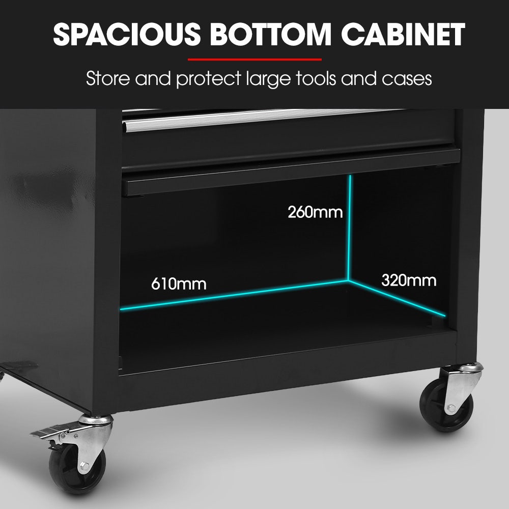 Bullet Pro 4 Drawer Tool Box Cabinet Trolley Storage, with 1-Door Toolbox Garage Organiser Set, Black