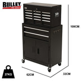 BULLET Pro 8 Drawer Tool Box Chest Cabinet Storage, with 2-Door Toolbox Garage Organiser Set, Black