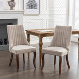2x Fabric Channel Tufted Dining Chairs with Curved Wood Legs -Beige
