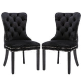 2x Velvet Dining Chairs Upholstered Tufted Kithcen Chair with Solid Wood Legs Stud Trim and Ring-Black