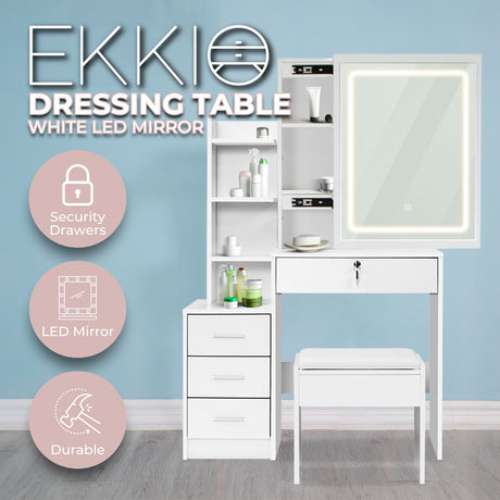 EKKIO Dressing Table White LED Mirror + Stool