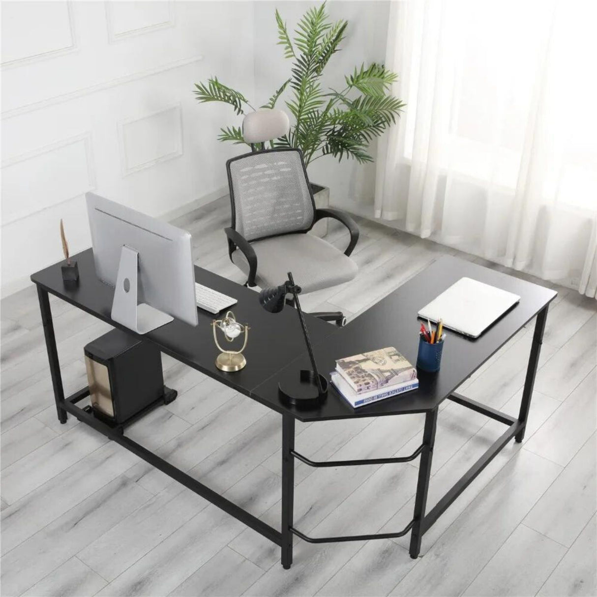 EKKIO L-Shaped Corner Computer Desk with CPU Stand (Black) EK-CD-101-LR