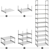 SONGMICS 10-Tier Metal Shoe Rack Customizable Design Grey