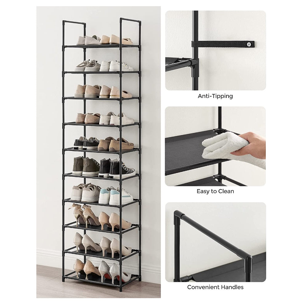 SONGMICS 10 Tier Metal Shoe Rack Non-Woven Fabric Shelves Black