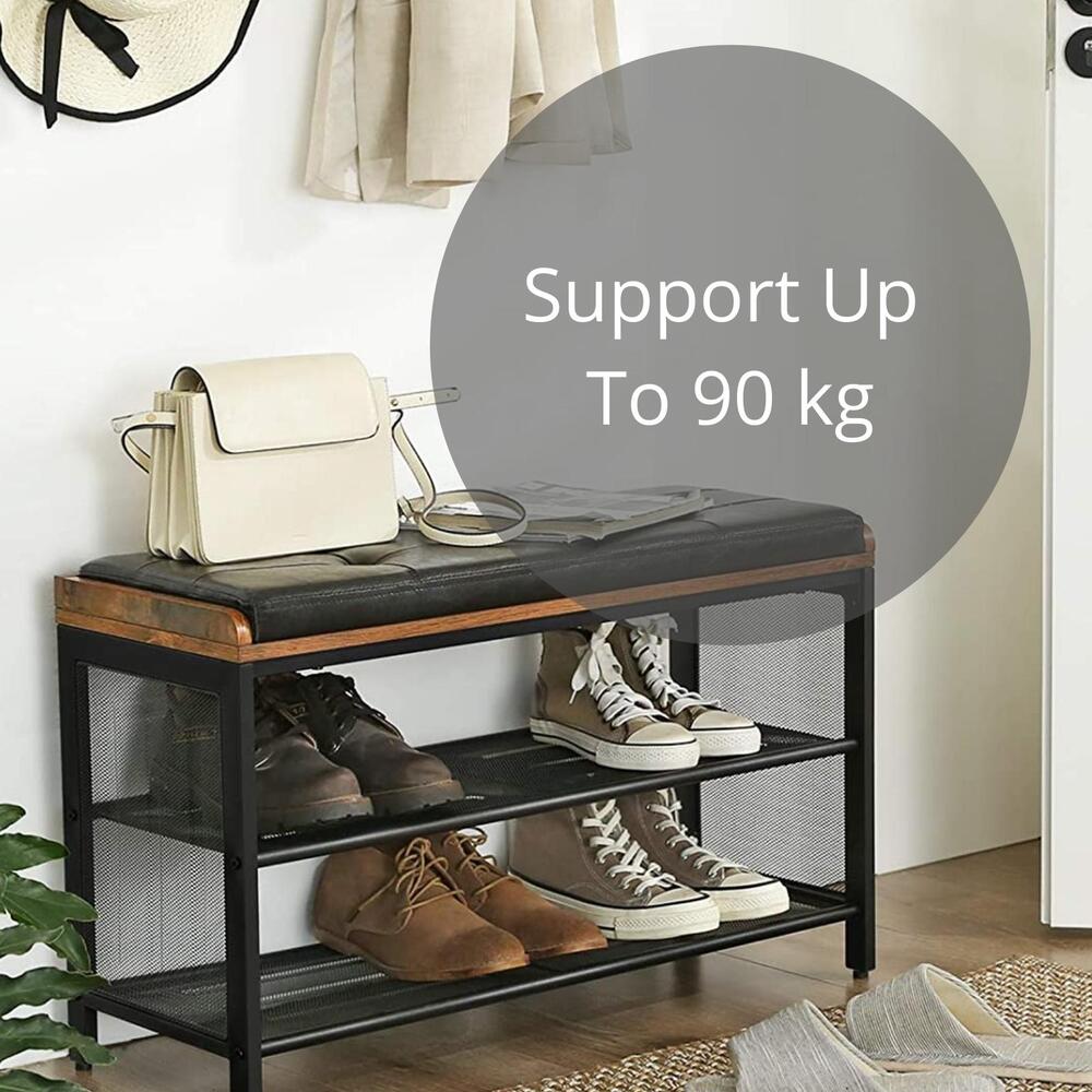 VASAGLE Shoe Bench Padded Bench with Mesh Shelf Shoe Rack Brown Black