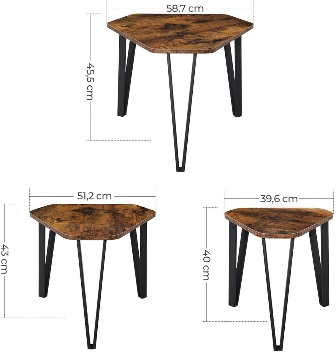 VASAGLE Nesting Coffee Table Set of 3 Rustic Brown and Black LNT14BXV1