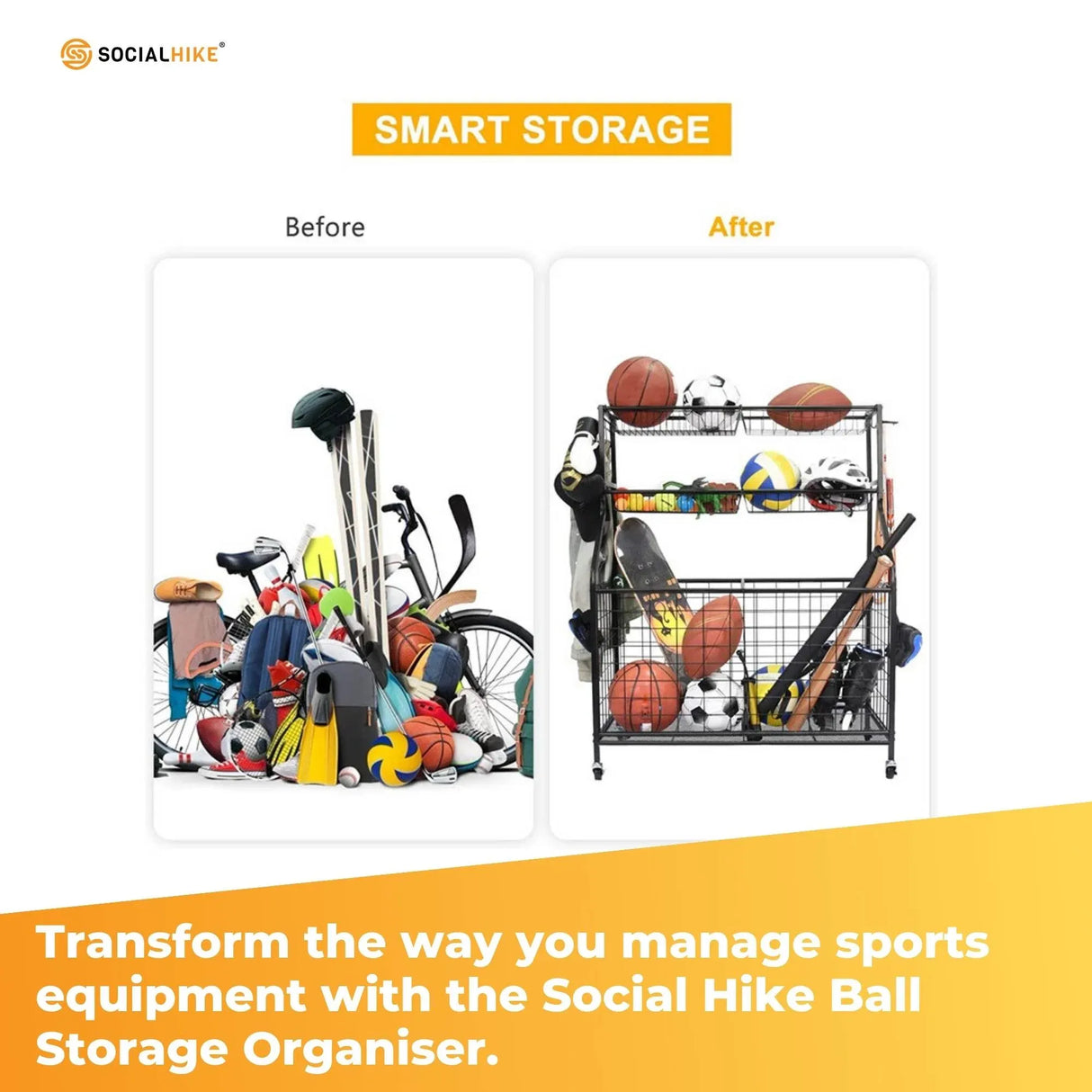 Social Hike Sports Equipment Storage Organiser Trolley on Wheels for Garage
