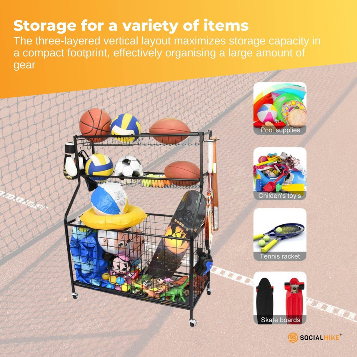 Social Hike Sports Equipment Storage Organiser Trolley on Wheels for Garage