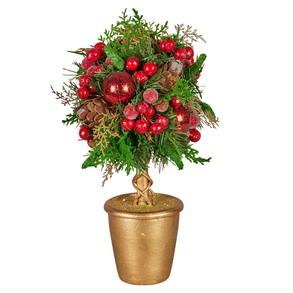 Christabelle 36cm Christmas Tabletop Topiary Tree Pre-Decorated Berries, Baubles & Pine Cones Gold Pot Twisted Stem Festive Decoration